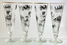 MCM Mid Century Modern Fluted Champagne Glass Footed Horse Carriage 4 Set W639 picture