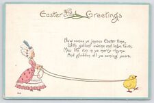 Linen~S Bergman~c1913~PM 1914~Easter Greetings~Old Fashioned Lady~Chick Pet~Vtg picture