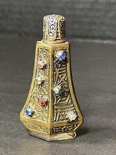 Vintage Miniature Glass Perfume Bottle Ornate Brass Jeweled West Germany Sticker picture
