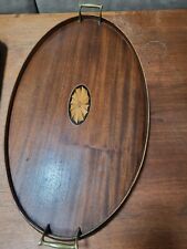  Antique Mahogany Inlay Edwardian Serving Tray With Brass Handles picture