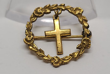Vintage Antique Gold Pin Lapel Brooch Cross Rose Wreath Religious Catholic 7/8