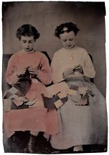 C. 1860s 1/6th PLATE TINTYPE TWO CUTE YOUNG GIRLS KNITTING THREADING HAND-TINTED picture