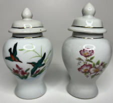 2 Vintage Porcelain Painted Ginger Jars Floral and Hummingbird picture