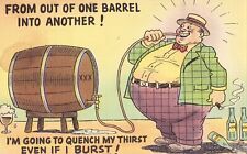 Linen Comic Postcard - Fat Man Drinking Beer from a Barrel picture