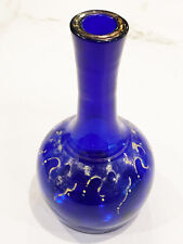 Antique Cobalt Blue Glass Barber Bottle Handpainted Scrolls 6.75” picture