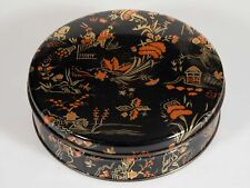 Vintage Round Metal Tin - Orange, Black and Gold Asian Litho Box with Lid picture