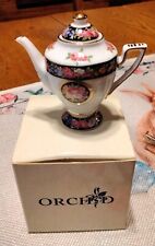Orchid Miniature Fine Porcelain Teapot In Original Box Roses Black Band picture