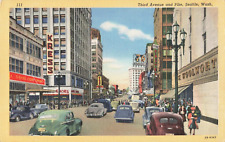 Postcard Third Avenue & Pike Seattle Washington Woolworth Old Cars Linen 299 picture
