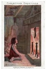 1918 Christmas greeting postcard litho fatherless children of france fireplace picture