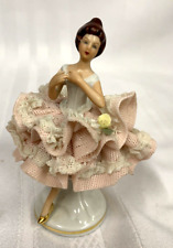 Vtg. Dresden Lace Ballerina Figurine ~ Elegant Woman~ Pink Skirt picture
