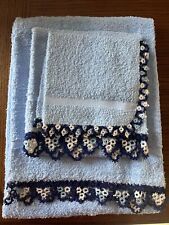 Vintage Unused Tatted Cannon USA Blue 3 Piece Towel Set. picture