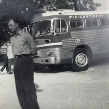 Vintage 1956 Black and White Photo Man Standing Mid Continent Travel Bus Parked  picture
