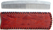 VTG ATQ 1940s METAL COMB W/ AIRCRAFT PATTERN LEATHER CASE HAND MADE HONG IN KONG picture