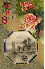 Winsch Postcard Boat Scene Printed on Silk Birthday Greetings Roses Embossed picture