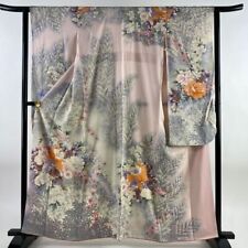 63.8inc Japanese Kimono SILK FURISODE Flowers Silhouette Light pink picture