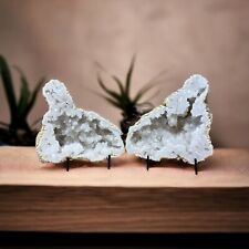 Beautiful Natural Moroccan Geodes Saw Cut Pair W/ Stands 3.45 Lbs. 8” Crystals picture