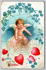 Postcard 1914 Antique Valentine Greeting Cupid's Web Hearts Flowers Embossed A18 picture