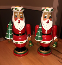 Vtg Pair of Old World Wood Wooden Santa Claus Candle Holders w/ Tree and Bell picture
