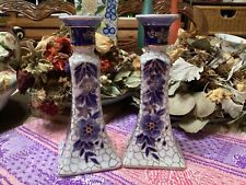 Set of 2 ) Hand Painted Blue and Gold Ceramic Sq Tapered Candlestick 8 3/4