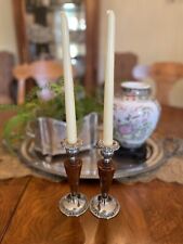 Vintage Silverplate Silver & Wood Chambersticks Candlestick Pair, Candle Holder picture