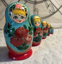 VTG Russian Matryoshka Handmade Nesting doll Flowers - 5 Pce picture