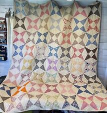 Large Vtg 1950s Hand Sewn  4 Star & Circles Friendship ? Quilt Pastels Floral picture