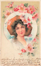 PRETTY WOMAN SURROUNDED BY APPLE BLOSSOMS LOVELY VINTAGE POSTCARD 1905 101723 S picture