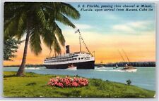 Miami FL~SS Miami Cruise Ship Passing Thru Channel~PM 1957~Vintage Linen PC picture