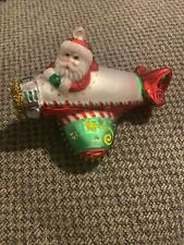 Santa in a Airplane Glass Christmas Ornament, Hand painted Glitter picture