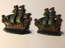 Antique Handpainted Metal Ship Bookends Pirate Captain Spanish Galleon Boat B11 picture