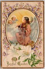 1913 A Joyful Easter Beautiful Angel Playing The Violin Flowers Posted Postcard picture