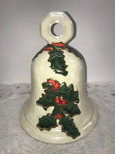 Vtg Ceramic Mold Hand Painted Lg 8 3/4” Tall Bell Christmas Holly  Red Clapper picture