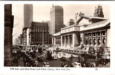 RPPC New York City, 5th Ave. 42nd St. Library, double Decker Bus, Cars  Postcard picture
