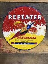 VINTAGE WINCHESTER PORCELAIN SIGN REPEATER SHOTGUN SHELL LOAD BIRD AMMO GAS OIL picture