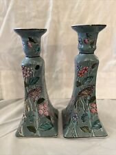 VTG Pair of Chinoiserie Chinese Floral & Birds Porcelain Candle Stick Holders picture
