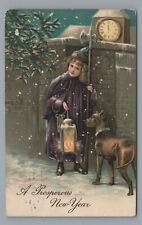 Girl with Large Dog A Prosperous NEW YEAR Vintage 1914 Postcard picture