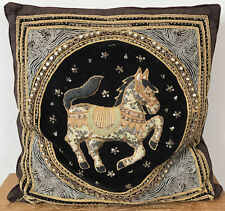 Vtg Middle Eastern Beaded Sequin Velvet Fabric Embroidered Horse Throw Pillow picture