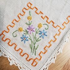 Vtg Hand Embroidered Linen Dresser Table Runner Orange Trim Floral Crochet Edge picture