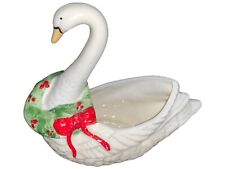 Vintage Ceramic Christmas Swan With Wreath Planter - Dish - Decor - Kitsch 6.5