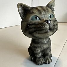 Unique Resin Big Head Gray Green Eyed Tiger Striped Cat 4.5T picture