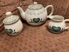 3 Piece White Ceramic Teapot, Sugar Bowl & Creamer, Green Hearts Speckle Pattern picture