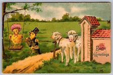 Anthropomorphic Antique Easter Postcard Dressed Chicks Swing Lambs Emboss HK J6 picture
