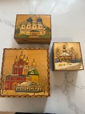 3) Vintage Russian Wooden Hand Painted City Trinket Boxes Wood Burned Design Loy picture