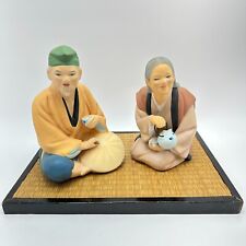 VTG Japanese Mimasu Hakata Porcelain Hat Maker Man & Tea Vendor Wife Wood Base picture