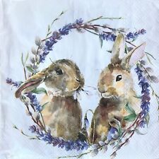 (1441) TWO Paper LUNCHEON Decoupage Art Craft Napkins  EASTER BUNNY PAIR WREATH picture