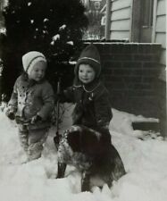 Two Children Playing In Snow With Dog B&W Photograph 3 x 4.25 picture