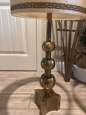 Leviton Vintage Table Lamp Antique Mod Orb Brass Pair W Lampshades Round Balls picture