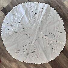 27” x 25” VTG OVAL  White Linen Table Doily, Floral Embroidery W Cut Outs M6 picture