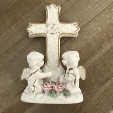 Vintage K'S COLLECTION 5.5” White Porcelain Cross Two Angel Figurines Roses picture