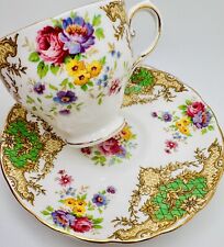 Vintage Tuscan England “Provence” Green Floral Rose Scroll Cup & Saucer; Teacup picture